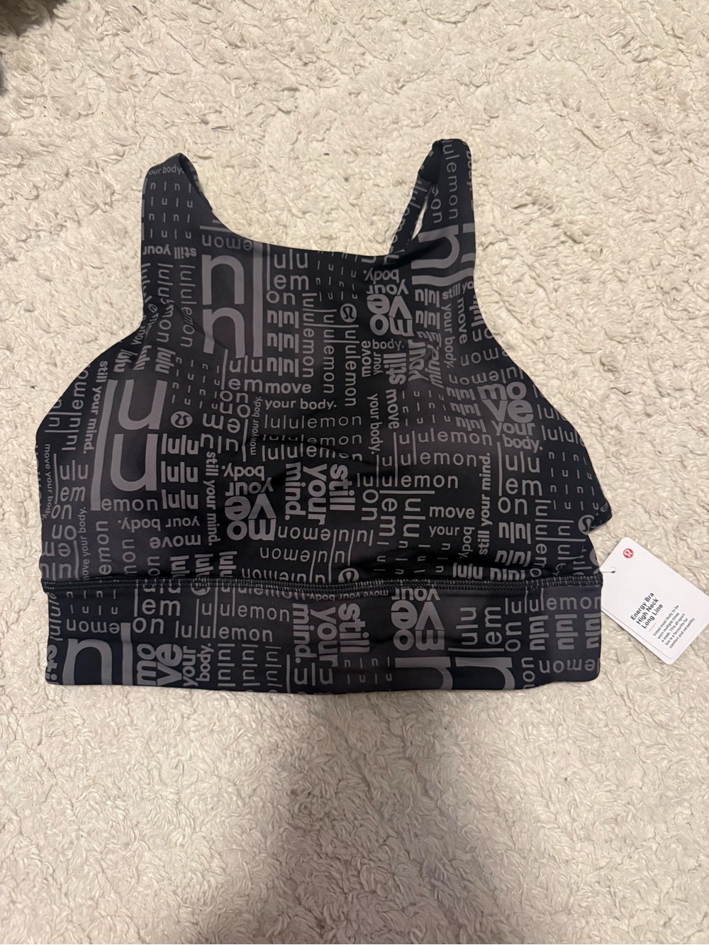 Lululemon Black Energy Bra High Neck Long Line Graphic Logo Sports Bra Size 6